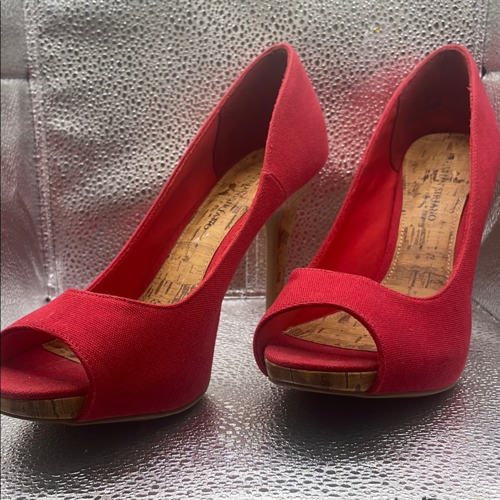 Christian Siriano Red Canvas Peep Toe With Cork Accents Size 9 - Picture 11 of 12